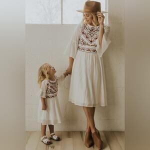 Roolee Demille Embroidered Dress White Floral Boho Bell Sleeve Dress